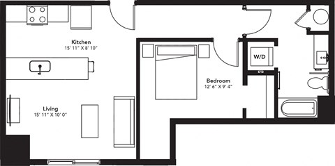 Floor plan for 1 bed, 1 bath, 701 sqft